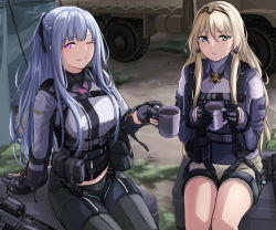 Rule 34 | 2girls, 3 small spiders, ak-12, ak-12 (girls&#039; frontline), an-94, an-94 (girls&#039; frontline), aqua eyes, assault rifle, bag, blonde hair, braid, closed mouth, cup, french braid, girls&#039; frontline, gloves, gun, hair between eyes, hairband, highres, holding, holding cup, kalashnikov rifle, long hair, long sleeves, looking at viewer, multiple girls, one eye closed, pants, partially fingerless gloves, pink eyes, ponytail, rifle, short shorts, shorts, silver hair, sitting, weapon