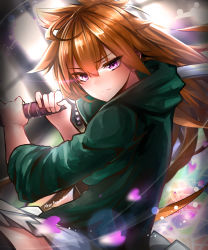 Rule 34 | 1girl, absurdres, brown hair, closed mouth, commentary, commission, english commentary, fighting stance, glowing, glowing eyes, green hoodie, highres, holding, holding sword, holding weapon, hood, hood down, hoodie, long hair, long sleeves, looking at viewer, neonbeat, original, over shoulder, purple eyes, signature, skirt, solo, sword, sword over shoulder, two-handed, weapon, weapon over shoulder, white skirt