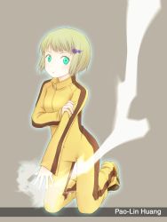 Rule 34 | 10s, 1girl, arya (tianhua), blonde hair, blush, bruce lee&#039;s jumpsuit, green eyes, hair ornament, hairclip, highres, huang baoling, kneeling, open mouth, short hair, solo, tiger &amp; bunny