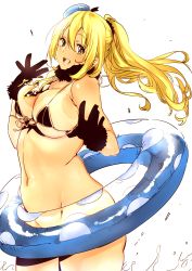 Rule 34 | 10s, 1girl, :d, alternate hairstyle, atago (kancolle), bad id, bad twitter id, bikini, bikini tan, black gloves, blonde hair, blush, breasts, cleavage, colorized, cowboy shot, detached collar, female focus, gloves, goshiki suzu, groin, hairband, hat, innertube, kantai collection, large breasts, looking at viewer, micro bikini, navel, no panties, open mouth, ponytail, simple background, smile, solo, swim ring, swimsuit, tan, tanline, teeth, tongue, water, white background
