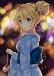 Rule 34 | 10s, 1girl, alternate costume, alternate hairstyle, bad id, bad twitter id, bag, blonde hair, blue eyes, blurry, bokeh, depth of field, floral print, hair bun, iowa (kancolle), japanese clothes, kantai collection, kimono, looking at viewer, looking back, pouch, satchel, single hair bun, smile, solo, star-shaped pupils, star (symbol), symbol-shaped pupils, youkan (mattya youkan), yukata