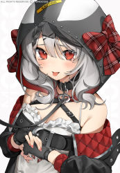 Rule 34 | 1girl, absurdres, animal hood, bare shoulders, black gloves, blush, bow, collar, crying, crying with eyes open, fingerless gloves, gloves, grey hair, hair ornament, highres, hololive, hood, hood up, looking at viewer, monosucre, nail polish, orca hood, plaid, plaid bow, red eyes, red nails, sakamata chloe, solo, tears, tongue, tongue out, upper body, virtual youtuber, x hair ornament