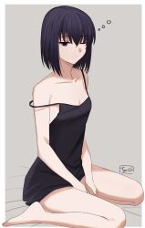 Rule 34 | 1girl, alternate costume, bare shoulders, barefoot, black dress, black hair, border, breasts, closed mouth, collarbone, commentary request, dress, expressionless, grey background, hair between eyes, highres, kuonji alice, looking at viewer, mahou tsukai no yoru, one eye closed, outside border, purple eyes, shintyoi2, short hair, simple background, sitting, sleepy, sleeveless, sleeveless dress, small breasts, solo, white border