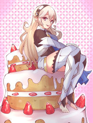 Rule 34 | 1340smile, 1girl, absurdres, artist name, barefoot, black hairband, blonde hair, cake, commentary, corrin (female) (fire emblem), corrin (fire emblem), english commentary, fire emblem, fire emblem fates, food, hairband, happy birthday, highres, long hair, looking at viewer, nintendo, open mouth, pointy ears, red eyes, sitting, solo, starwberry shortcake, strawberry shortcake, thighhighs