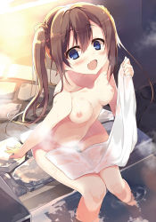 Rule 34 | 1girl, arm at side, blue eyes, blush, breasts, breasts apart, brown hair, collarbone, dengeki moeou, eyebrows, fang, fingernails, groin, hair between eyes, hair ornament, hand up, highres, hisaka hazara, holding, holding towel, long hair, looking at viewer, navel, nipples, nude, onsen, open mouth, original, partially submerged, ripples, sidelocks, sitting, small breasts, soaking feet, solo, steam, thigh gap, towel, twintails, wading, water, wet, white towel