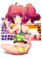 Rule 34 | alcohol, beer, brown hair, camisole, can, green eyes, idolmaster, idolmaster (classic), indian style, long hair, looking back, panties, sitting, solo, strap slip, striped clothes, striped panties, takatsuki yayoi, tanashi (mk2), twintails, underwear