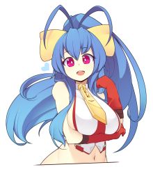 Rule 34 | 1girl, antenna hair, backless outfit, bare shoulders, blazblue, blazblue: central fiction, blazblue variable heart, blue hair, blush, bow, breast hold, breast lift, breasts, commission, fizintine, genderswap, genderswap (mtf), gloves, hair between eyes, hair bow, halterneck, hand up, heart, highres, large breasts, long hair, looking at viewer, mai natsume, midriff, navel, no bra, open mouth, ponytail, purple eyes, red gloves, revealing clothes, ribbon, sidelocks, simple background, smile, solo, stomach, upper body, very long hair, yellow bow