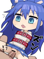Rule 34 | 1boy, 1girl, ^^^, bar censor, belt, blue bow, blue eyes, blue hair, blue skirt, bound, bound arms, bow, censored, commentary, cookie (touhou), cowboy shot, debt, flat chest, grey hoodie, hair between eyes, hair bow, hetero, hood, hood down, hoodie, hospital king, long bangs, long hair, motion lines, open mouth, penis, pussy, red belt, sex, short sleeves, simple background, skirt, solo focus, torn clothes, torn skirt, touhou, vaginal, white background, yorigami shion, zerukalo (cookie)