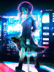Rule 34 | &gt;:), 00s, 1girl, backlighting, between fingers, black dress, black eyes, black footwear, black keys (type-moon), boots, breasts, building, ciel (tsukihime), city lights, cityscape, closed mouth, dress, full body, highres, holding, knee boots, light, long sleeves, looking at viewer, looking back, medium breasts, mekarauroko, night, night sky, outdoors, planted, planted sword, planted weapon, purple hair, short hair, sky, smile, solo, standing, sword, torn clothes, tsukihime, v-shaped eyebrows, weapon
