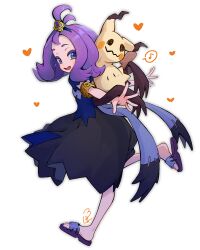 Rule 34 | 1girl, :d, acerola (pokemon), armlet, blue eyes, blush, commentary request, creatures (company), dress, from side, game freak, gen 7 pokemon, hair ornament, hairclip, happy, heart, highres, leg up, mimikyu, musical note, nintendo, noi (noi pk27), open mouth, pokemon, pokemon (creature), pokemon on back, pokemon sm, purple hair, sandals, short sleeves, smile, spoken musical note, toes, topknot, torn clothes, torn dress, white background