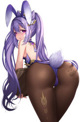 Rule 34 | 1girl, absurdres, animal ears, ass, bare shoulders, bent over, black pantyhose, braid, brown pantyhose, cone hair bun, electro (genshin impact), embarrassed, fake animal ears, fake tail, from behind, frown, gala (16901040), genshin impact, hair between eyes, hair bun, hair ornament, half-closed eyes, highres, huge ass, keqing (genshin impact), leotard, long hair, looking at viewer, looking back, pantyhose, pink eyes, playboy bunny, purple hair, rabbit ears, rabbit tail, simple background, solo, tail, tray, twintails, very long hair, vision (genshin impact), white background