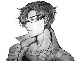 Rule 34 | 1boy, animification, apex legends, collarbone, collared shirt, crypto (apex legends), from side, frown, glasses, greyscale, hair behind ear, highres, looking down, male focus, monochrome, mozuwaka, portrait, shirt, solo, white background