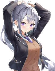 Rule 34 | 1girl, absurdres, arms behind head, black jacket, blazer, bow, brown cardigan, cardigan, cardigan vest, grey hair, hair bow, hair ornament, hair tie in mouth, hairclip, highres, higuchi kaede, higuchi kaede (1st costume), jacket, light blush, long hair, looking at viewer, mole, mole under eye, mouth hold, myske (myst34415756), nijisanji, open clothes, open jacket, ponytail, purple eyes, solo, tying hair, upper body, virtual youtuber, white background, white bow
