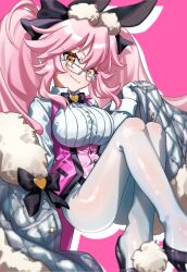 Rule 34 | 1girl, akantai, animal ear fluff, animal ears, black bow, black gloves, blush, bow, breasts, cloak, coattails, collared shirt, corset, dress shirt, fate/grand order, fate (series), fur-trimmed cloak, fur trim, glasses, gloves, hair between eyes, hair bow, high heels, highres, koyanskaya (assassin) (second ascension) (fate), koyanskaya (fate), large breasts, long hair, long sleeves, looking at viewer, pantyhose, pink background, pink hair, rabbit ears, shirt, sidelocks, solo, tamamo (fate), thighs, twintails, underbust, white pantyhose, white shirt, yellow eyes