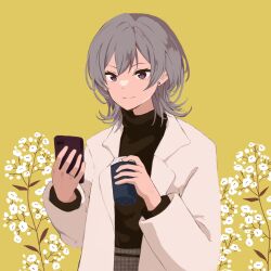 Rule 34 | 1girl, black sweater, cellphone, closed mouth, coffee cup, cup, disposable cup, earrings, flower, grey hair, grey skirt, hair between eyes, high-waist skirt, highres, holding, holding cup, holding phone, idoly pride, jacket, jewelry, kanzaki rio, long sleeves, looking at viewer, medium hair, open clothes, open jacket, phone, plaid, plaid skirt, purple eyes, shirt tucked in, sidelocks, simple background, skirt, smartphone, smile, solo, stud earrings, sweater, turtleneck, turtleneck sweater, upper body, watanuki (enu), white flower, white jacket, yellow background