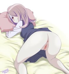 Rule 34 | 1girl, anus, ass, bed, bent over, blush, breasts, censored, come hither, hair over one eye, little witch academia, on bed, ono toshihiro, pillow, presenting, purple hair, red eyes, small breasts, smile, solo, spread legs, sucy manbavaran