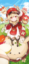 Rule 34 | 1girl, absurdres, blonde hair, blue sky, blush, boots, brown footwear, brown gloves, brown scarf, cabbie hat, child, cloud, coat, commentary, day, dress, facing viewer, flower, full body, genshin impact, gesture request, gloves, grass, hair between eyes, hand up, hat, hat feather, highres, klee (genshin impact), long sleeves, looking ahead, medium hair, mirae, monster, open mouth, outdoors, pointy ears, red coat, red dress, red eyes, red hat, scarf, sidelocks, sky, solo, standing, sunlight, tree