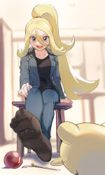 1girl alternate_costume black_shirt blonde_hair casual collarbone creatures_(company) game_freak gen_5_pokemon grey_jacket highres indoors jacket korrina_(pokemon) long_hair mienfoo nintendo on_chair pokemon pokemon_(creature) pokemon_xy ponytail shirt sitting soles tarazumo_(daizunattou014) very_long_hair