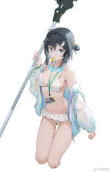 Rule 34 | 1girl, ahoge, arknights, bare shoulders, bikini, black hair, blue eyes, blush, bracelet, breasts, cleavage, collarbone, cropped legs, feather hair, frilled bikini, frills, goggles, goggles on head, hair bun, hair ornament, hairclip, highres, holding, holding weapon, huge weapon, id card, jacket, jewelry, la pluma (arknights), la pluma (summer flowers) (arknights), large breasts, long sleeves, looking at viewer, mouth hold, navel, nuanpapa, official alternate costume, open clothes, open jacket, short hair, simple background, single hair bun, single side bun, solo, swimsuit, thigh gap, weapon, weibo watermark, whistle, whistle around neck, white background, white bikini, white jacket, wing hair ornament, x hair ornament