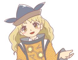 Rule 34 | 1girl, anonymous (japanese), black hat, blonde hair, blush stickers, constellation print, derivative work, gyate gyate, hat, jaggy lines, matara okina, open mouth, orange sleeves, short hair, smile, solo, sun symbol, tabard, touhou, transparent background, wide sleeves, yellow eyes, zun (style)