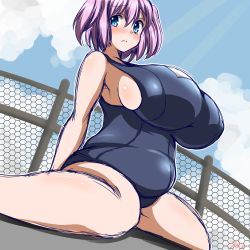 Rule 34 | 1girl, arm support, arms behind back, belly, blue eyes, blue one-piece swimsuit, breasts, cloud, cloudy sky, embarrassed, feet out of frame, female focus, fence, from below, frown, fupa, huge breasts, legs apart, looking to the side, meat day, medium hair, on ground, one-piece swimsuit, original, outdoors, pink hair, plump, school swimsuit, sideboob, signature, sitting, sky, solo, spread legs, swimsuit, tears, thighs, twintails, two side up, wariza, yue (show-ei)