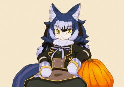 Rule 34 | 1girl, animal ears, blazer, blue hair, bow, bowtie, dire wolf (kemono friends), extra ears, gloves, halloween, highres, jacket, kemono friends, kemono friends v project, long hair, looking at viewer, ni daco, pumpkin, ribbon, scarf, simple background, skirt, solo, tail, twintails, virtual youtuber, wolf ears, wolf girl, wolf tail, yellow eyes