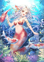 Rule 34 | 1girl, armlet, blush, breasts, cleavage, fish, hair ornament, jewelry, large breasts, long hair, looking at viewer, mermaid, monster girl, navel, necklace, open mouth, original, red eyes, roang, silver hair, smile, solo, underwater