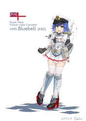 Rule 34 | 1girl, bad id, bad pixiv id, black gloves, cannon, character name, dakku (ogitsune), depth charge, full body, gloves, hat, high heels, hms bluebell (k80), holding, holding weapon, machinery, mecha musume, military, military vehicle, miniskirt, original, peaked cap, personification, pleated skirt, royal navy, ship, shirt, short sleeves, simple background, skirt, solo, standing, thighhighs, turret, uniform, warship, watercraft, weapon, white ensign, white shirt, white skirt, white thighhighs