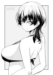 Rule 34 | 1girl, bikini, bikini top only, breasts, closed mouth, dated, grey background, greyscale, highres, kichihachi, large breasts, monochrome, original, short hair, sideboob, smile, solo, swimsuit, twitter username, two-tone background, white background