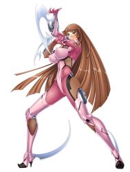 Rule 34 | 00s, 1girl, aoi nagisa (metalder), blue eyes, bodysuit, breasts, brown hair, covered erect nipples, female focus, fighting stance, full body, high heels, highres, hime cut, impossible clothes, koukawa asuka, large breasts, lilith-soft, long hair, looking at viewer, multiple views, ninja, no bra, open mouth, simple background, skin tight, smile, taimanin (series), taimanin asagi, thighhighs, very long hair, weapon, white background