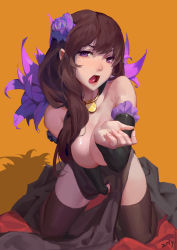 Rule 34 | 10s, 1girl, bare shoulders, between legs, black thighhighs, breasts, brown hair, cleavage, cloak, detached sleeves, dress, elsa granhilte, fingernails, flower, frills, hair flower, hair ornament, hand between legs, highres, implied masturbation, jewelry, kneeling, large breasts, long hair, looking at viewer, mole, mole under eye, necklace, open mouth, pelvic curtain, purple eyes, purple flower, re:zero kara hajimeru isekai seikatsu, reaching, red lips, ring, shadow, signature, simple background, solo, thighhighs, tongue, tongue out, two-sided cloak, two-sided fabric, z.h.y