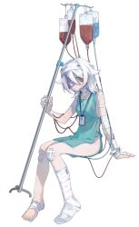 1girl bandaged_arm bandaged_foot bandaged_hand bandaged_head bandaged_leg bandaged_neck bandages bandaid bandaid_on_knee bandaid_on_leg blood blood_bag closed_mouth full_body gauze gauze_on_knee gauze_over_eye hair_between_eyes hair_flaps holding hospital_gown intravenous_drip invisible_chair medium_hair orange_eyes original salted_whale simple_background sitting sleeveless solo white_background white_hair