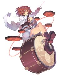 Rule 34 | 1girl, absurdres, belt, black shirt, boots, closed mouth, constricted pupils, crossed arms, drum, drum set, drumsticks, dual wielding, floral print, full body, highres, holding, holding drumsticks, horikawa raiko, instrument, jacket, long sleeves, looking at viewer, mitsudomoe (shape), morino hon, music, necktie, plaid, plaid shirt, playing instrument, red eyes, red hair, roller shoes, shirt, shoes, short hair, signature, simple background, sitting, sitting on drum, skirt, skirt set, smile, solo, tomoe (symbol), touhou, wavy mouth, white background, white jacket