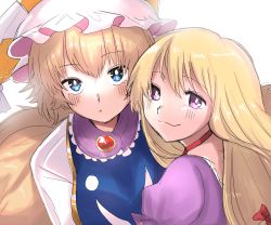 Rule 34 | 2girls, absurdres, animal hat, back cutout, blonde hair, blue eyes, blush, bow, bright pupils, brooch, choker, closed mouth, clothing cutout, commentary request, dress, fox tail, hair bow, hat, highres, jewelry, kashiwara mana, kitsune, long hair, looking at viewer, looking to the side, mob cap, multiple girls, no headwear, mob cap, puffy short sleeves, puffy sleeves, purple eyes, red bow, red choker, short hair, short sleeves, simple background, sketch, smile, tail, touhou, upper body, white background, white dress, white headwear, white pupils, yakumo ran, yakumo yukari