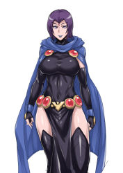 Rule 34 | 1girl, animification, bad id, bad pixiv id, belt, black beat, breasts, cape, covered navel, dc comics, elbow gloves, fingerless gloves, forehead jewel, gloves, highres, large breasts, leotard, lips, pelvic curtain, purple eyes, purple hair, raven (dc), short hair, side slit, sketch, skin tight, smile, solo, teen titans, thighhighs