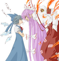 Rule 34 | 2girls, :p, angry, blue hair, cigarette, cirno, crossed arms, fiery wings, fujiwara no mokou, hands in pockets, melting, multiple girls, purple hair, smoking, tongue, tongue out, touhou, versapro, wings