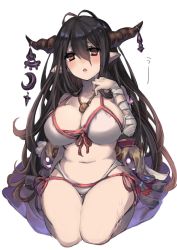 Rule 34 | 10s, 1girl, bikini, black hair, blue hair, blush, breasts, brown eyes, cleavage, curvy, danua, draph, female focus, granblue fantasy, gretel (granblue fantasy), hansel (granblue fantasy), horn ornament, horns, jewelry, large breasts, long hair, looking at viewer, navel, open mouth, parted lips, pendant, pointy ears, puppet, seiza, shikino yuki, simple background, sitting, solo, swimsuit, teeth, translated, white background, wide hips