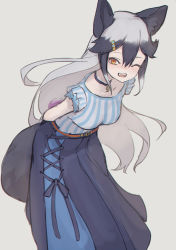 Rule 34 | alternate costume, animal ears, arms behind back, belt, blue shirt, blue skirt, casual, don3, fox ears, fox girl, fox tail, frilled sleeves, frills, grey hair, hair between eyes, hair ornament, hairclip, jewelry, kemono friends, kemono friends 3, long hair, long skirt, multicolored hair, necklace, one eye closed, orange eyes, pleated skirt, shirt, short sleeves, sidelocks, silver fox (kemono friends), skirt, solo, striped clothes, striped shirt, tail, two-tone shirt, two-tone skirt, white shirt