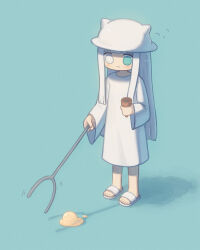 Rule 34 | 1girl, blue eyes, blunt bangs, blunt ends, blush, closed mouth, dropped food, flying sweatdrops, food, frown, full body, futami ya, hat, heterochromia, highres, holding, holding staff, horned hat, ice cream, ice cream cone, long hair, long sleeves, no socks, robe, sandals, shimeji simulation, sidelocks, solo, staff, standing, the gardener (shimeji simulation), white eyes, white footwear, white hair, white hat, white robe