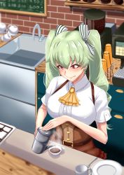 Rule 34 | 1girl, absurdres, alternate costume, anchovy (girls und panzer), ascot, blouse, blurry, brown skirt, cafe, closed mouth, coffee, coffee mug, coffee pot, collared shirt, commentary request, cup, depth of field, drill hair, girls und panzer, green hair, hair ribbon, high-waist skirt, highres, long hair, miniskirt, mug, partial commentary, plate, pouring, red eyes, ribbon, shirt, short sleeves, skirt, smile, solo, steam, suspender skirt, suspenders, tatami san tatami, teacup, twin drills, twintails, white ribbon, white shirt, yellow ascot