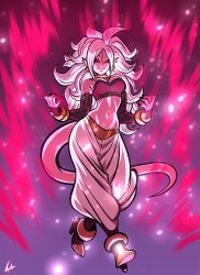 Rule 34 | 1girl, absurdres, alternate form, android 21, aura, black sclera, boots, bracelet, breasts, colored sclera, colored skin, commentary, dragon ball, dragon ball fighterz, earrings, energy, finger to mouth, fingernails, glowing, harem pants, high heel boots, high heels, highres, hoop earrings, jewelry, large breasts, liefeldian abomination, light purple hair, long hair, majin (race), majin android 21, nail polish, navel, pants, pink skin, pointy ears, red eyes, sharp fingernails, smile, solo, spoilers, stomach, tail, white hair