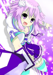 Rule 34 | 10s, 1girl, choker, d-pad, hair ornament, kurozero, looking at viewer, neptune (neptunia), neptune (series), open mouth, purple eyes, purple hair, short hair, smile, solo, striped clothes, striped legwear, striped thighhighs, sword, thighhighs, weapon