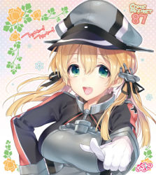 Rule 34 | 10s, 1girl, anchor hair ornament, bad id, bad pixiv id, blonde hair, blush, cross, gloves, green eyes, hair ornament, hat, iron cross, kaguyuzu, kantai collection, long hair, long sleeves, looking at viewer, lowres, military, military uniform, open mouth, peaked cap, pointing, prinz eugen (kancolle), smile, solo, twintails, uniform, white gloves