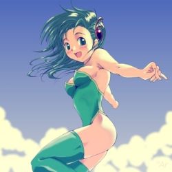 Rule 34 | 1990s (style), 1girl, bare shoulders, final fantasy, final fantasy iv, green eyes, green hair, hair ornament, leotard, lowres, matching hair/eyes, outdoors, rydia (ff4), sky, smile, solo, square enix, thighhighs
