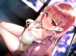 Rule 34 | 1girl, absurdres, blush, breasts, brown eyes, brown hair, brown skirt, cielo (cielo000328), cleavage, clothes lift, clothes pull, earrings, hair ornament, hairclip, highres, jacket, jacket on shoulders, jewelry, large breasts, leaning forward, long hair, looking at viewer, miniskirt, necklace, original, panties, pink jacket, plaid, plaid skirt, pulled by self, shirt, shirt pull, sitting, skirt, skirt lift, smile, solo, thighs, underwear, white panties, white shirt