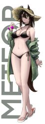 Rule 34 | 1girl, absurdres, animal ears, arknights, bare legs, bare shoulders, bikini, black bikini, black choker, brown hair, character name, choker, commentary, ears through headwear, unworn eyewear, full body, green eyes, green jacket, hair between eyes, hand up, hat, highres, holding, holding removed eyewear, horse ears, jacket, long hair, long sleeves, looking at viewer, meteor (arknights), mildt, navel, open clothes, open jacket, sandals, side-tie bikini bottom, simple background, smile, solo, standing, stomach, sun hat, sunglasses, swimsuit, thighs, white background, white footwear