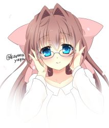 Rule 34 | absurdres, artist name, asakura otome, blue eyes, blush, bow, brown hair, collarbone, commentary request, da capo, da capo ii, glasses, glasses day, hair between eyes, hair bow, hair intakes, hands on own face, highres, kayura yuka, long hair, long sleeves, looking at viewer, pink bow, shirt, smile, upper body, white background, white shirt