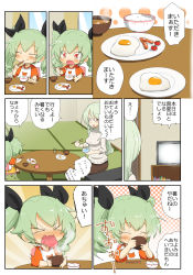 Rule 34 | anchovy (girls und panzer), anzai romi, breakfast, egg, food, girls und panzer, green eyes, green hair, hair ribbon, highres, jinguu (4839ms), long hair, mother and daughter, ribbon, rice, sausage, soup, table, television, tongue, tongue out, translation request