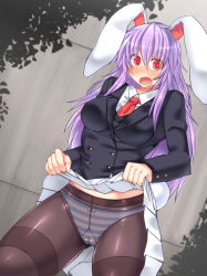 Rule 34 | 1girl, animal ears, blazer, blouse, blush, breasts, embarrassed, gusset, hisui (stapspats), jacket, long hair, looking at viewer, medium breasts, necktie, open mouth, panties, panties under pantyhose, pantyhose, pleated skirt, purple hair, rabbit ears, rabbit girl, rabbit tail, red eyes, reisen udongein inaba, shirt, skirt, solo, striped clothes, striped panties, tail, thighband pantyhose, touhou, underwear