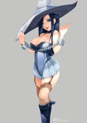 Rule 34 | 1girl, bare shoulders, bdsm, black hair, blue eyes, bondage, boots, bound, breasts, chain, choker, cleavage, cuffs, garter straps, hat, highres, large breasts, lips, long hair, original, shackles, skuldk1, solo, thighhighs, witch hat